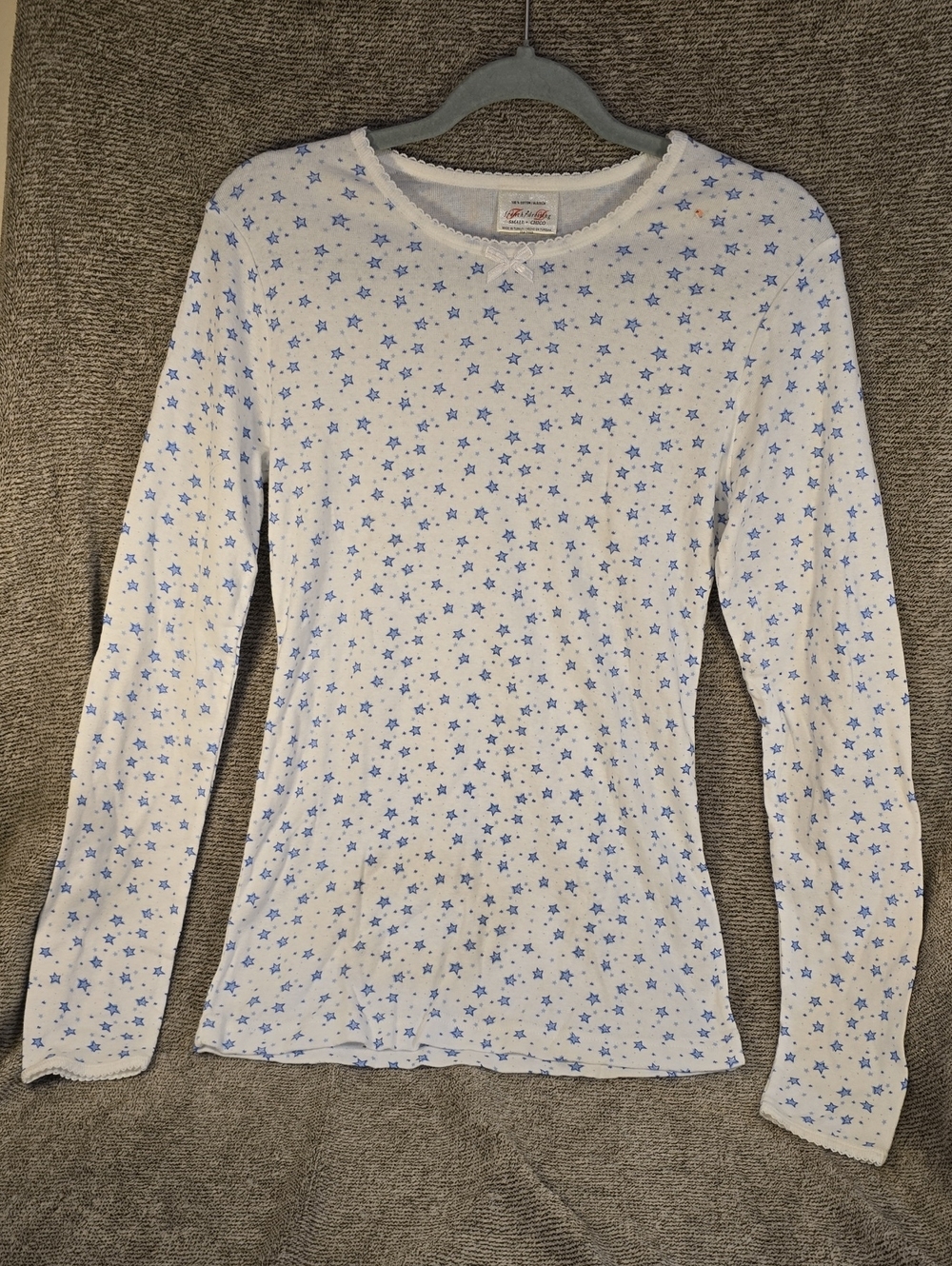 White Long-Sleeve Tee with Blue Star Print